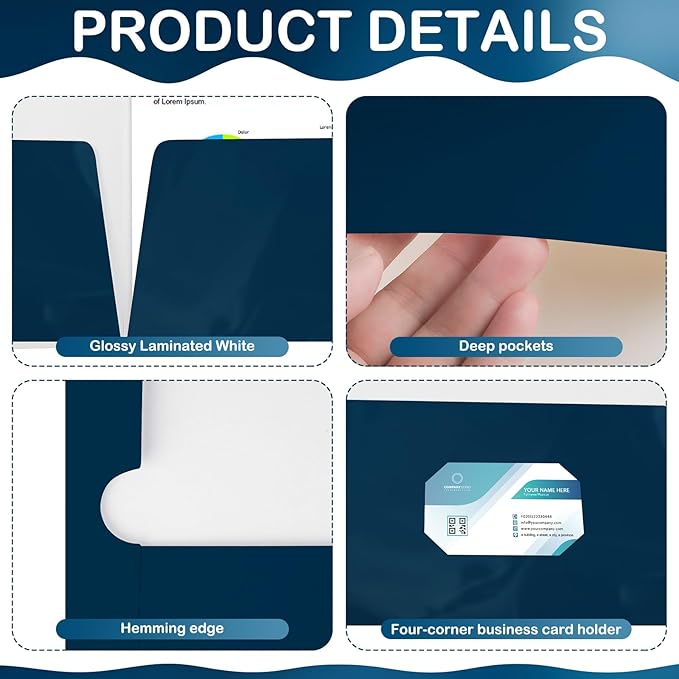 Yeaqee 100 Pack 2 Pockets Glossy Laminated Paper Folder First Day of School Presentation Folder Letter Size Two Pocket File Portfolio Holder Back to School Items Bulk for Teacher Office (Navy)