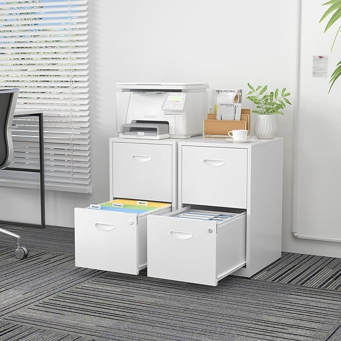 SteeLoong 2 Drawer File Cabinet with Lock,White Metal Office Drawers Filing Cabinets for Home Office, Two Drawer Under Desk File Cabinet for Hanging Letter,Easy Assemble