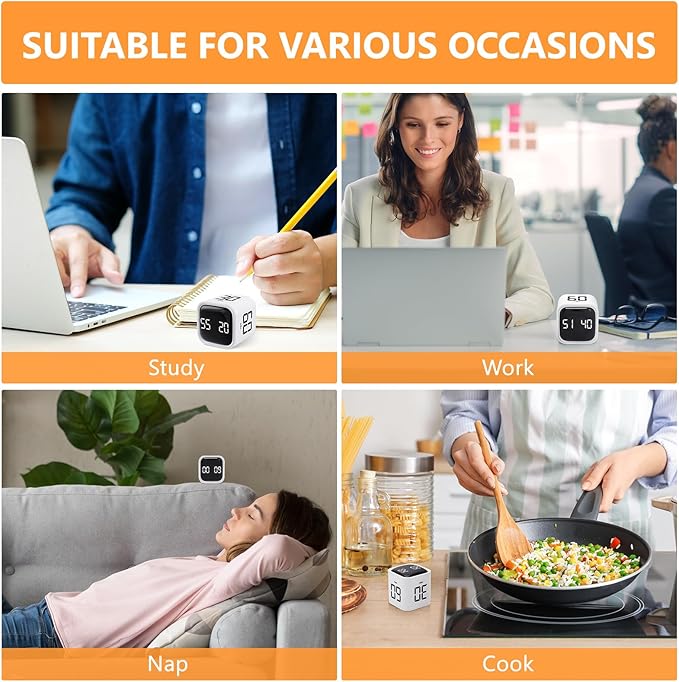 GuDoQi Multi-Function Cube Timer, 5/10/30/60 Min & Custom Count Down, Included Pause & Resume Feature, Silent, Vibrate & Adjustable Sound Alarm for Productivity in Tasks, Study & Kitchen, White