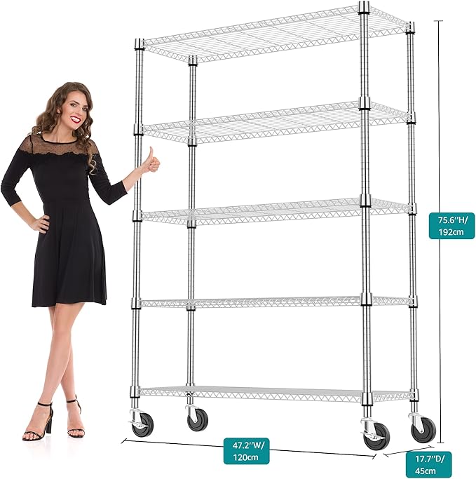 M MZG 5 Tiers Shelf 1750 lbs Steel Storage Shelving Utility Shelving Unit Steel Organizer Wire Rack for Home,Kitchen,Office,Garage Chrome 17.7" D x 47.2" W x 76.8" H