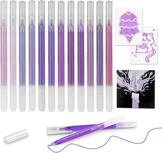 CAISEXILE 12 Purple Glitter Gel Pens Set, 1.0 mm Fine Point for Black Paper & White Paper, Large Capacity Pens for Journaling, Adult Coloring Books, Drawing, Note Taking, Highlighting