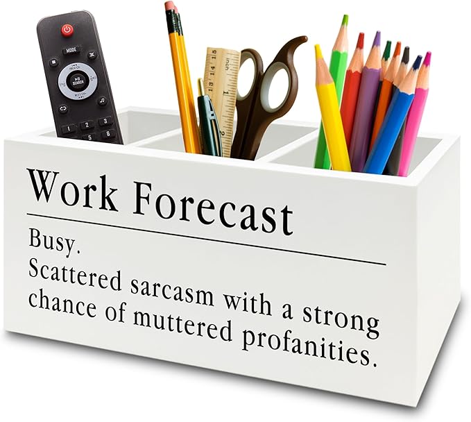 XPH Funny Pen Pencil Holder Organizer for Desk, Funny Coworkers Gifts for Women, Office Humor Gifts, Work Forecast Wooden Box Sign for Home Office Desk Tabletop Decorations