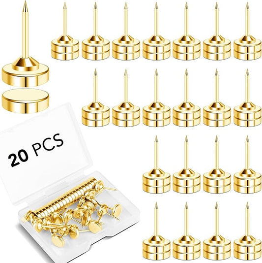 E BAVITE 20 Set Magnetic Push Pins,Flat Push Pin, Magnetic Thumb Tacks for Wall Bulletin Board Poster and Photo Hangers (Gold)