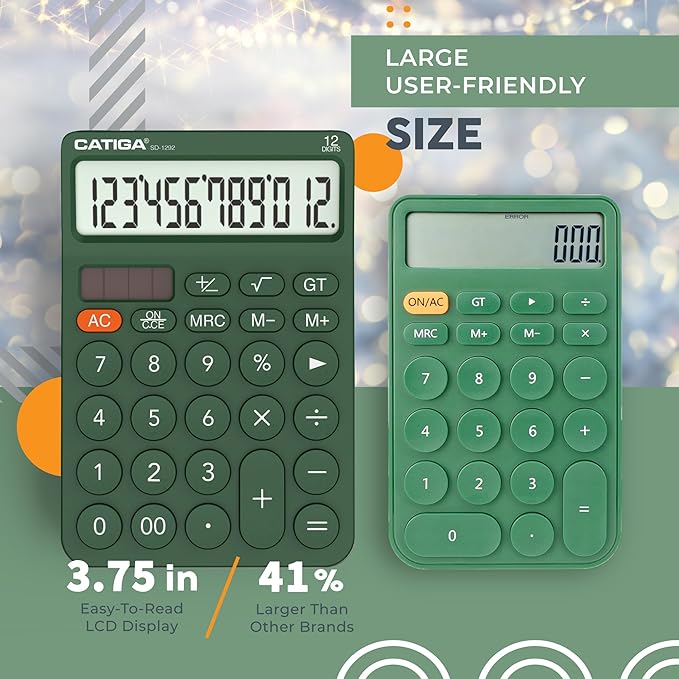 CATIGA 12 Digit Desktop Calculator Basic Desk Calculator with Large LCD Display, Big Buttons, 4 Function, Solar and Battery Dual Power, for Office, School, Home, SD-1292 Green