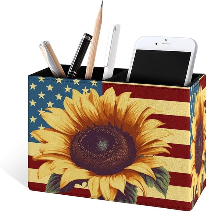 Famame Sunflower on American Flag Pencil Holder for Desk, Leather Desktop Container Pen Cup Storage Study Table Pen Organizer Makeup Brush Holder for Classroom Office Home