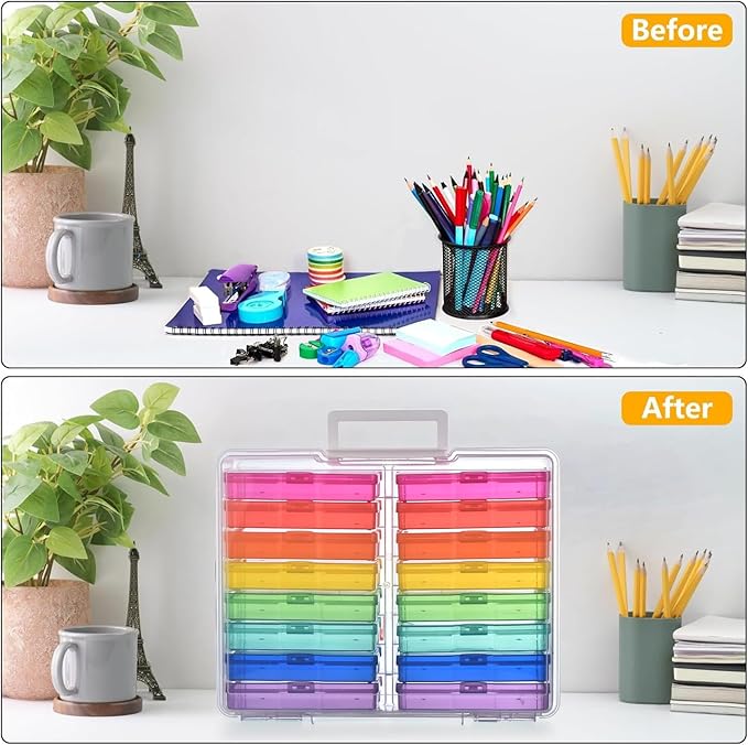 Haundry Photo Storage Box with 16 Inner 4" x 6" Photo Case, Portable Storage Organizer with Handle Craft Keeper for Picture, Stickers, Stamps, Screws, Hair Clips, Colored