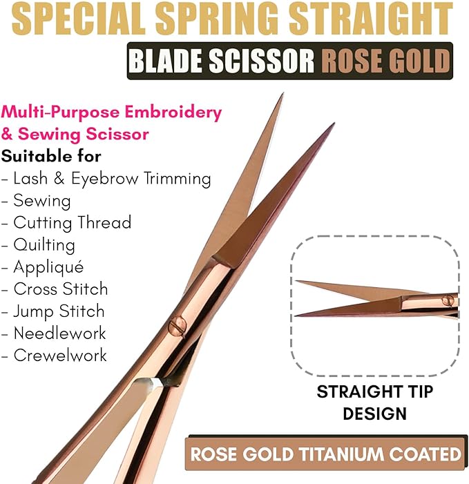 Cross Edge Spring Scissors 5 Inch straight Stainless Steel Precision Eyebrow & Eyelash Shaping & Trimming Scissor, Snips Squeeze, Embroidery, Knitting Micro Tip Craft Scissors (Rose Gold)