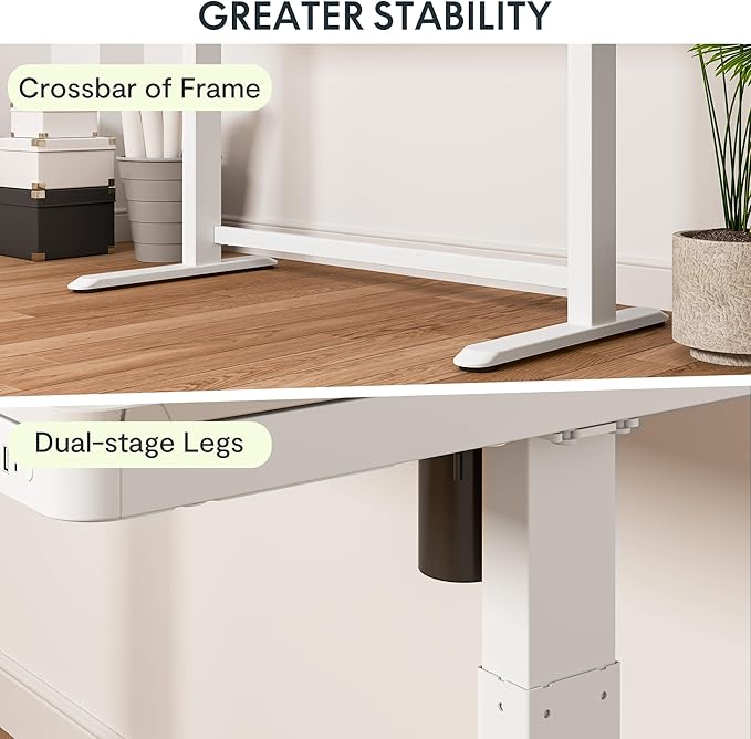 Standing Desk with Drawer, Electric Height Adjustable Home Office Desk with Storage & USB Ports, 48 inch Bamboo Texture Tabletop/White Frame