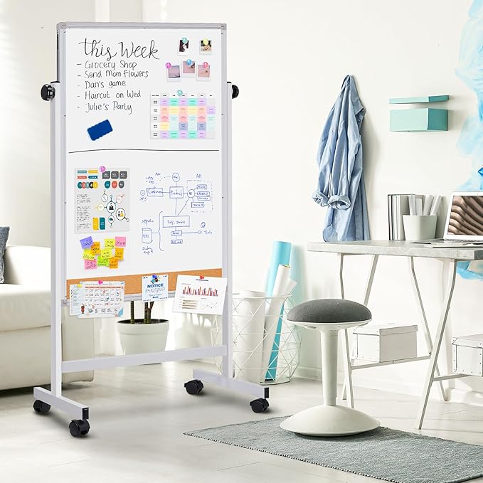 maxtek Rolling White Board, 44x28 Inches Magnetic Cork Board Combo, Portable Double-Sided Dry Erase Board on Wheels, Height Adjutable Easel Board for Home, School, Office