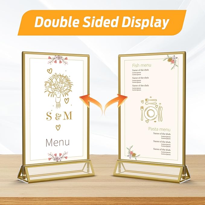 Smarpau Gold Acrylic Sign Holder 5x7, Double-Sided Display Stand, Clear Picture Frames/Flyer Holder/Menu Holder/Table Number for Wedding, Home, Offices(16Pcs)