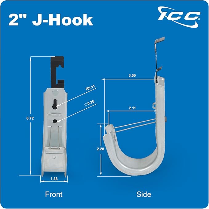 ICC Batwing J Hook 2” with Retainer Clip - Galvanized Steel Cable Management Hooks for Hanging Cable to Hanger Wire and Threaded Rod - Rust-Resistant, EIA and TIA Compliant - 2 Inch 25 Pack