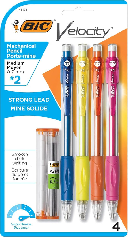 BIC Velocity Mechanical Pencils, With Colorful Barrel, Medium Point (0.7mm), 4-Count Pack Mechanical Pencils With Eraser and Lead Refills