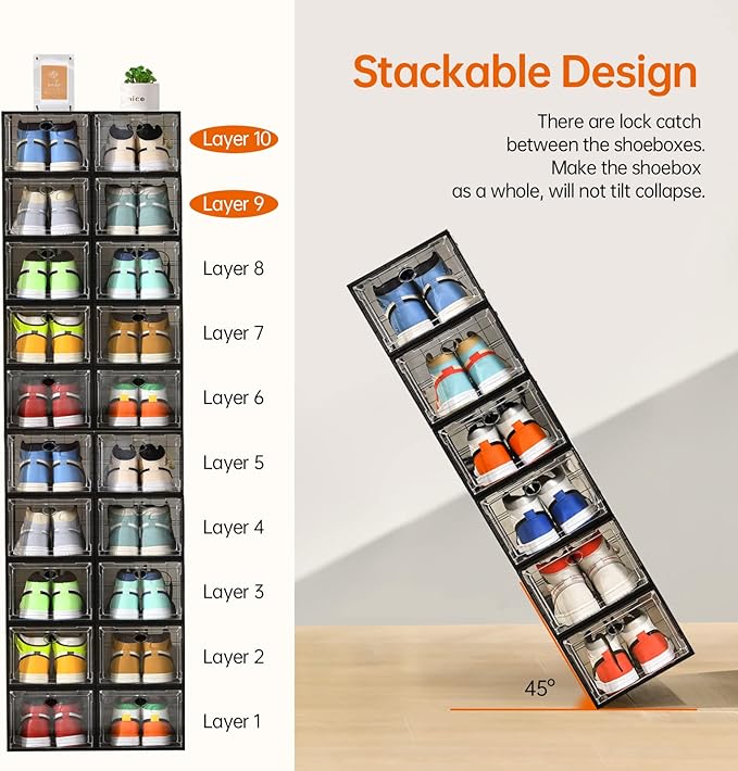 Amllas 12 Pack Shoe Boxes Stackable,Upgraded Sturdy Shoe Storage Boxes with Clear Magnetic Door,Multifunctional Sneaker Storage, Shoe Box Organizer Fit up to US Size 12 Gray(13.8”x 9.84”x 7.1”)