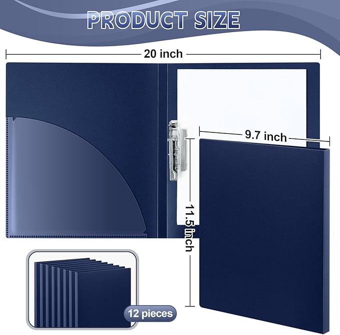 Teling 12 Pack Punchless Clamp Binder Folder 8.5 x 11 Inch Ringless Binder Holds with Pocket, Flexible Metal Clip and Poly Covers, 100 Letter Size Pages, for Work, School(Navy Blue)