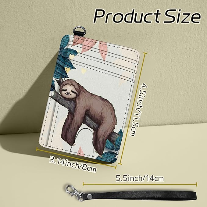 BWEGRHE Small Travel Wallets, Sloth Slim Minimalist Front Pocket Wallet with Wristlet, RFID Blocking PU Leather Credit Card Holder with ID Window Change Purse for Men Women