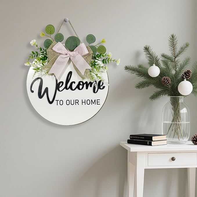 VPDTVK Welcome Sign for Front Door, Rustic Welcome Door Sign Outdoor Wreaths Decor for Spring Summer Autumn and Winter All Seasons Holiday Halloween Christmas(White)