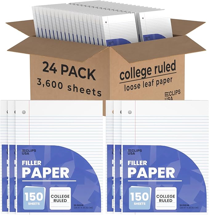 Loose Leaf Paper College Ruled Notebook Paper College Ruled Lined Writing Filler Paper 10.5” x 8” 3600 Sheets 150 Sheets Per Pack 60 gsm (24 Pack)