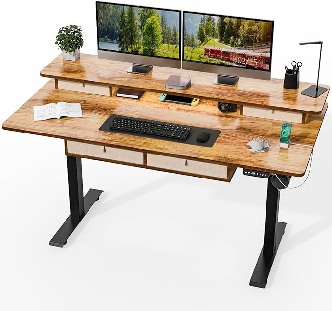 Kingant 63 x 30 Inch Electric Standing Desk with 4 Drawers, Adjustable Height Computer Desk for Home Office, Large Workstation Sit Stand Up Desk with Built-in USB A/C Ports, Light Rustic Brown