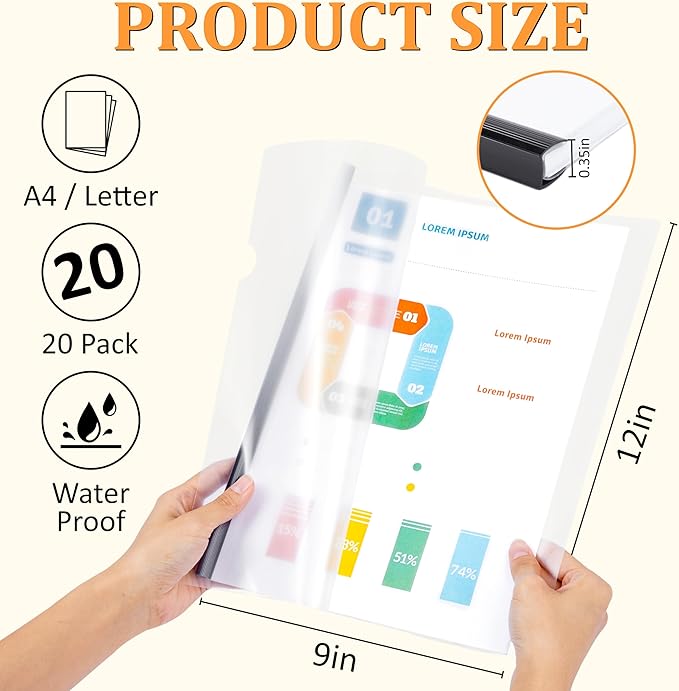 20 Pack Report Covers with Sliding Bar - Clear Plastic Presentation Folders for A4 & Letter Size Paper, 70 Sheet Capacity File Document Binder for School, Office, Resume & Business Use