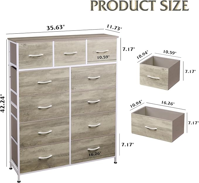 WLIVE Tall Dresser for Bedroom, Fabric Dressers Storage Tower, Dresser & Chest of Drawers Organizer Unit with 11 Drawers, Storage Cabinet, Hallway, Closets, Steel Frame, Wood Top, Greige