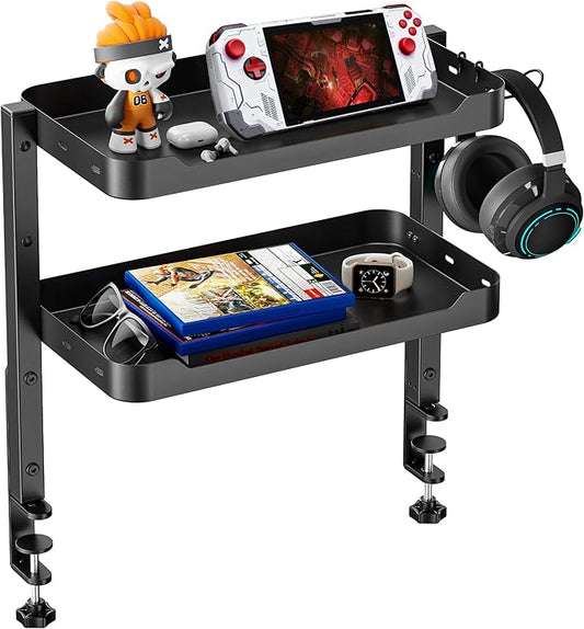 ARES WING 2-Tier Clamp On Desk Shelf, 16 inch Adjustable Above or Under Desk Storage Shelves Holds 44 lbs, Heavy Duty Desktop Organizer with Headphone Holder for Working and Gaming Accessories, Black