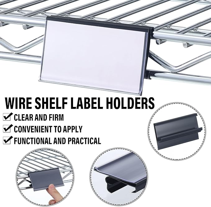 Kathfly 100 Pcs Wire Shelf Label Holders Compatible with Metro 1-1/4in Shelves, Plastic Wire Rack Label Holder 3 l x 1.25 H Price Tag Shelf Clips On, Black