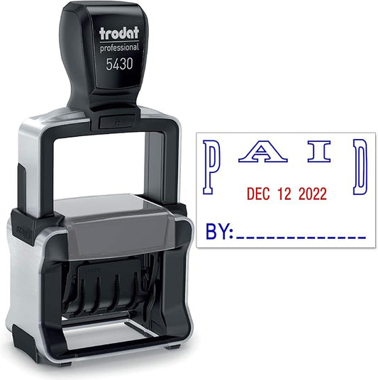 Trodat 5430 Professional Self-Inking Date Stamp with Paid - Blue/Red 2 Color Ink