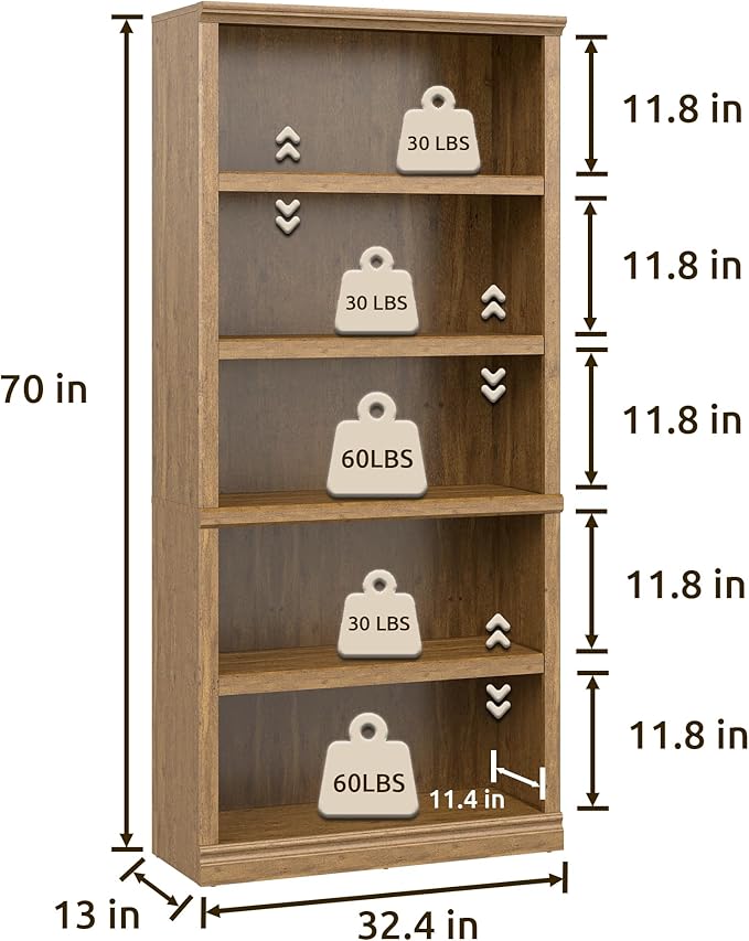 Bevfint 70 in Tall Bookcase, White Bookshelf Open Storage 5-Tier Shelves, 33 inch Wide Floor Standing Indoor Furniture, Book Cases for Home School Library Office Bedroom Kids, Vintage Oak 5 Tiers