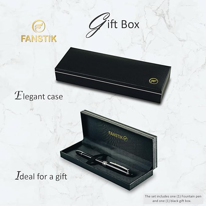 FANSTIK, Customized Fountain pen with name (MADE IN USA), stainless steel, black and Silver, luxury engraved pen personalized for men and for women. (Fountain Black-Silver)