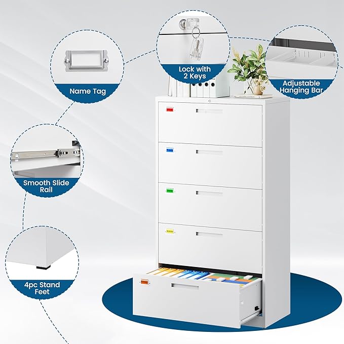 PEUKC 5 Drawer File Cabinet, Lateral Filing Cabinets for Home Office, Office Storage Drawers with Lock, Hanging Files Legal/Letter A4 Size (Assemble Required,White)