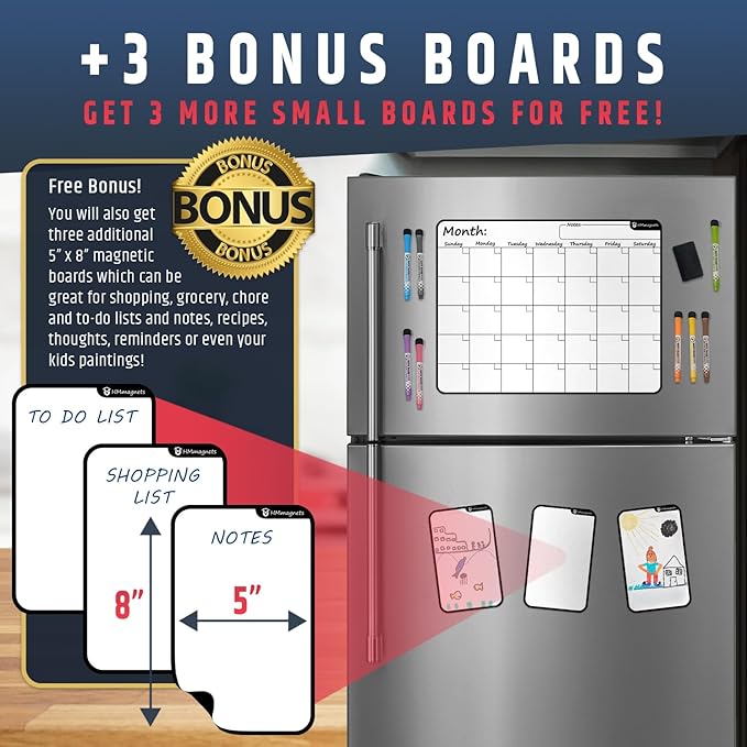 Large Dry-Erase Magnetic Monthly Calendar + Free Bonus: 3 Grocery/to-Do List Whiteboards (Organizer/Planner) for Kitchen Fridge - Full Set: 8 Markers + Eraser | Stain Free | Horizontal