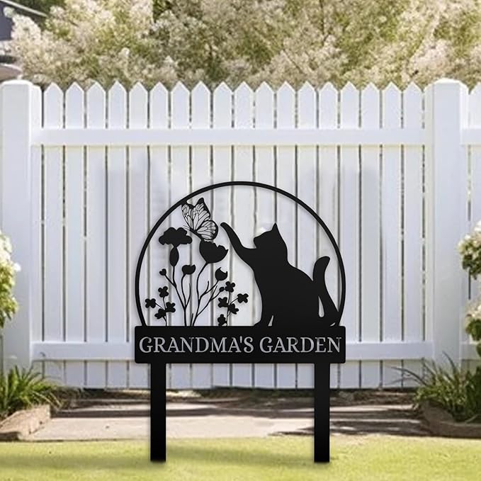 Personalized Garden Sign | Custom Cat Garden Stake Sign | Funny Garden Signs Decorative | Garden Signs to Personalize | Cat Butterfly Yard Sign Pet Outdoor Sign | Animal Metal Sign Plaque