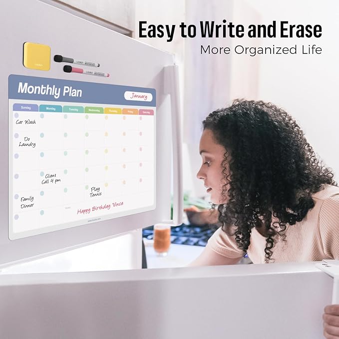 Loukin 17"x11.8" Monthly Dry Erase Calendar, Electrostatic Clings to All Shiny Surface, Reusable Whiteboard Planner Schedule for Refrigerator, Office, Classroom, 6 Magnetic Markers & 1 Eraser Included