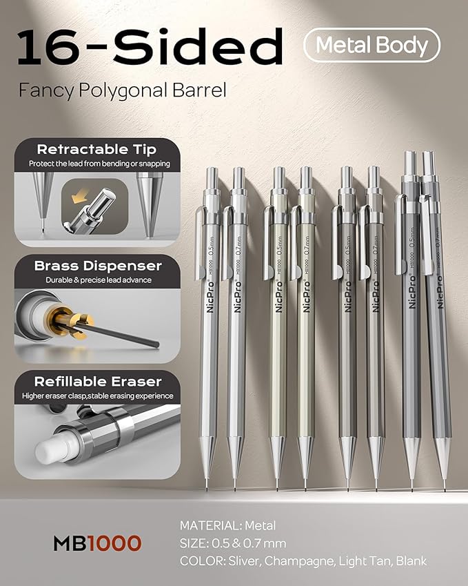 Nicpro 8 Pack 0.5mm & 0.7mm Metal Mechanical Pencil Set, MB1000 Lead Drafting Pencil for Artist Writing, Sketching, Drawing with 6 Tubes HB Lead Refills, 3PCS 4B Eraser, 9PCS Cap Eraser - With Case