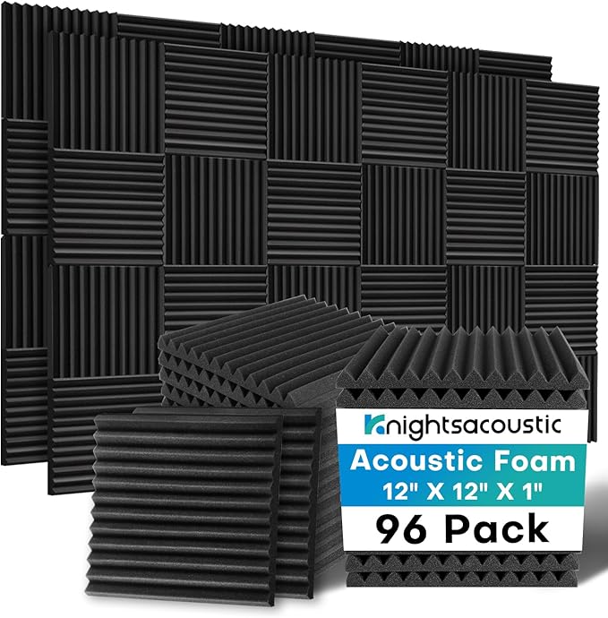 Knightsacoustic 96 Pack Sound Proof Foam Panels for Walls, 1 X 12 X 12 Inches Acoustic Foam Panels, High Density Acoustic Panels Sound Absorbing, Black Noise Cancelling Studio Wedges(NOT ADHESIVE)