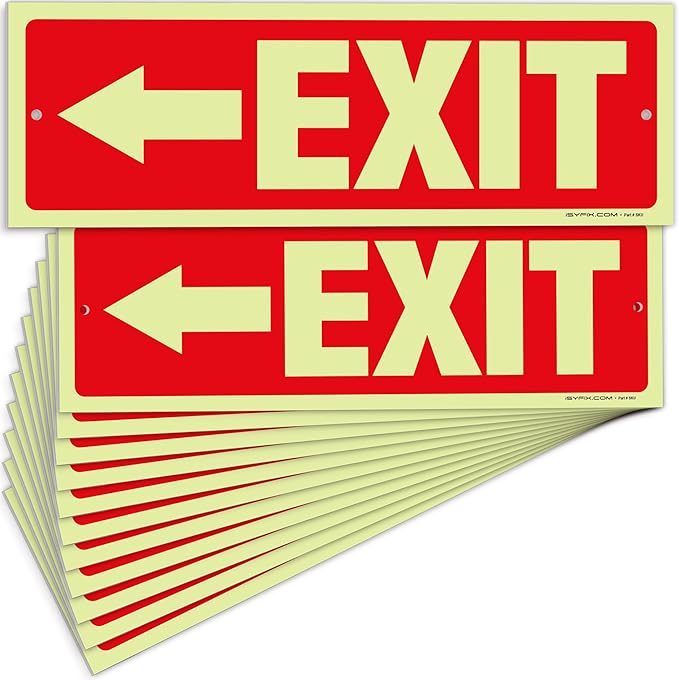 iSYFIX Exit Signs with Directional Left Arrow - 12 Pack 12x4 Inch Glow in the Dark for Business, School, Office, Warehouse - Durable 40 Mil Polystyrene, UV Laminated, Waterproof, Scratch & Fade Resistant