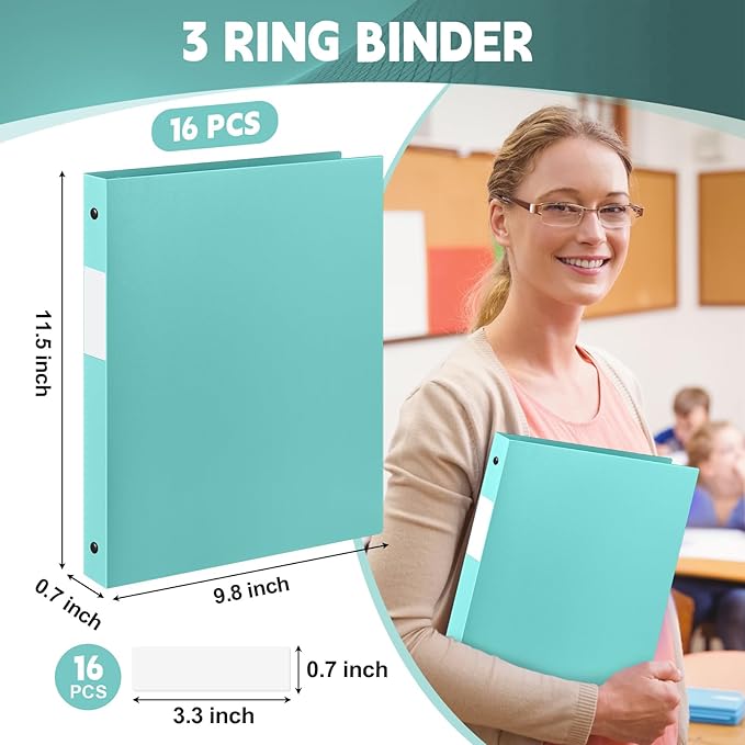 Henoyso 16 Pcs 3 Ring Binder 0.5 Inch Round Fits Letter Size 8.5'' x 11'' Paper Plastic Flexible Binder Bulk Holds 140 Sheets with 1 Pockets Versatile Organizer for Home Office School (Mint Green)