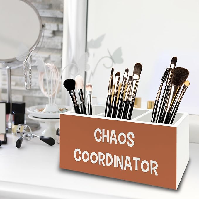 XPH Chaos Coordinator Orange Pen Pencil Holder Organizer for Desk, Thank You Gifts for Women Men Coworkers Boss Leader Manager, Appreciation Gifts Wooden Box Sign for Office Tabletop Decorations
