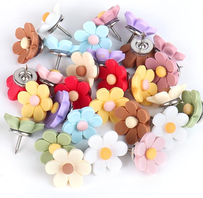 30pcs Flower Push Pins - Decorative Thumb Tacks for Cork Board, Photo Wall, Feature Wall, Map, Bulletin Board, Office or Home