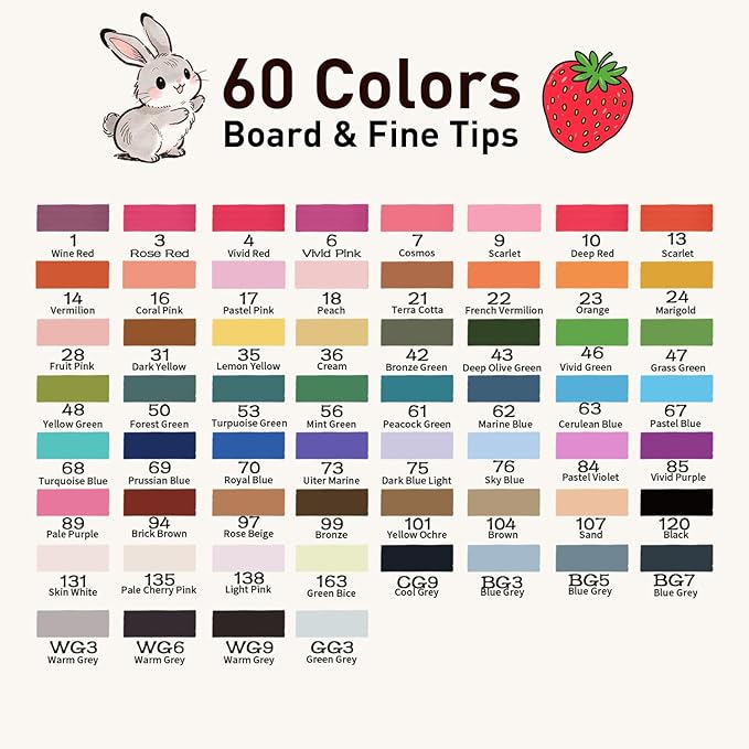 WELLOKB Alcohol Markers Set, 60 colors Alcohol Based Dual Tip, Fine and Brush Tip for Adult Coloring Books, Drawing, Sketching