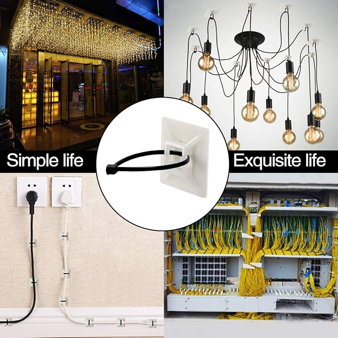 XHF 200 PCS 1/2" White Self Adhesive Cable Zip Tie Mounts Wire Cable Clips Holders Management Anchors Organizer Holders Squares(HS-100)