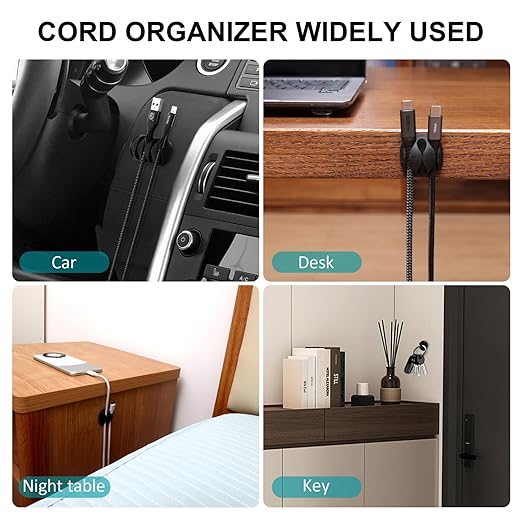 16Pack Black Desk Cable Management,Adjustable Cord Organizer Cable Clips,Cable Organizer for Cords Phone Charger/PC/TV,Ideal Cord Holder for Nightstand/Wall/Desk/Office/Home/Car
