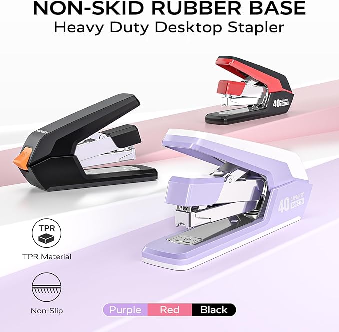 MARSROCK Effortless Stapler for Desk with 40-50 Sheet Capacity, 2000 Staples, 1-Touch Stapling, Ergonomic & Easy to Load Desktop Staplers, Heavy Duty Stapler, and Magnetic Staple Remover, Purple