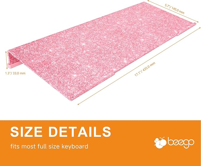BEEGO Ergonomic Computer Keyboard Stand - Glitter Pink Acrylic Keyboard Riser Tilted Keyboard Holder Keyboard Tray with Pink Non-Slip Strip for Easy Typing at Home School Office Desk Accessories