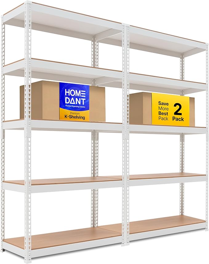 HOMEDANT 5 Tier Storage Shelves Adjustable Laminated Boltless Garage Metal Shelving Unit Heavy Duty Utility Rack Shelf Warehouse Pantry Closet Kitchen (2, (M) 35.9" W, White)
