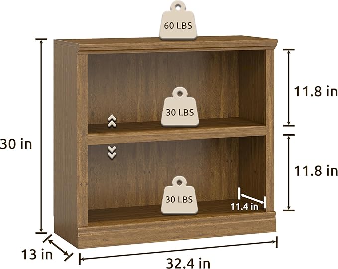 Bevfint Bookcase, 2 Tiers S Bookshelf Open Storage Organization, Floor Standing Indoor Furniture Book Case for Library Office Living Room Bedroom, Vintage Oak - 2 Tier