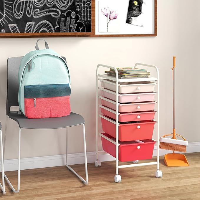RELAX4LIFE 6-Drawer Rolling Storage Cart - Classroom Organization on Wheels w/Removable Plastic Drawers, Mobile Art Craft Cart for School Paper Home Office, Utility Cart with Drawers (Gradient Pink)