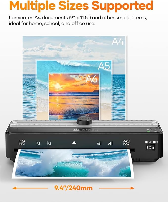 Laminator Machine with 20 A4 Laminating Pouches, Thermal and Cold Lamination Built in Cutter Quick Warm Up,9 Inch Portable Laminating Machine for Home Office School Use