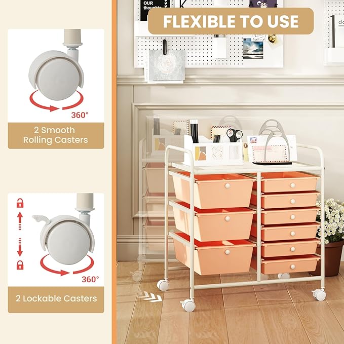 GOFLAME 9-Drawer Rolling Storage Cart, Mobile Utility Cart with Removable Drawers & Metal Frame, Art Craft Organizer Cart with Lockable Wheels, Storage Drawer Cart for Home Office School, Peach Fuzz