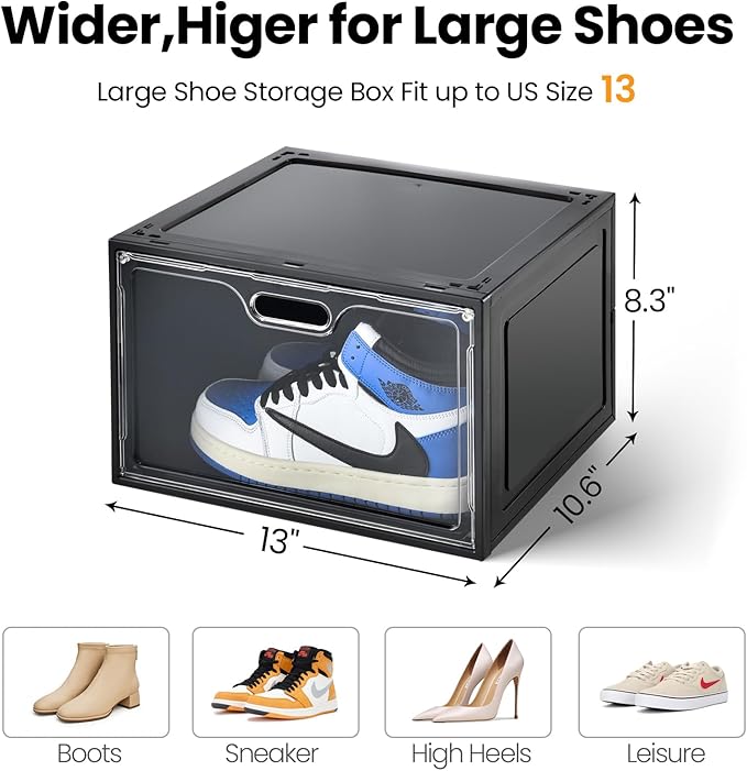 Amllas 8 Pack Shoe Boxes Black Plastic Stackable, Large Shoe Storage Organizer,Drop Side Front Shoe Containers for Entryway,Sneaker Storage Fit up to US Size 13 for Men/Women(13’’x 10.6”x 8.3”)